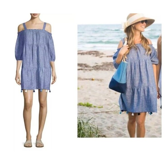 Vineyard Vines Women's Linen Chambray Tiered Tassel Dress Swim Coverup Size M - Picture 10 of 15
